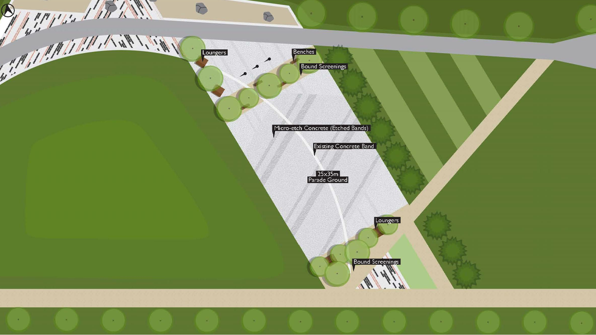 Architectural rendering of a park layout featuring labeled areas including loungers, umbrellas, picnic screenings, a food kiosk, picnic/walkway over concrete-tiled ground, a water fountain, and round benches, arranged next to a pathway and greenery.