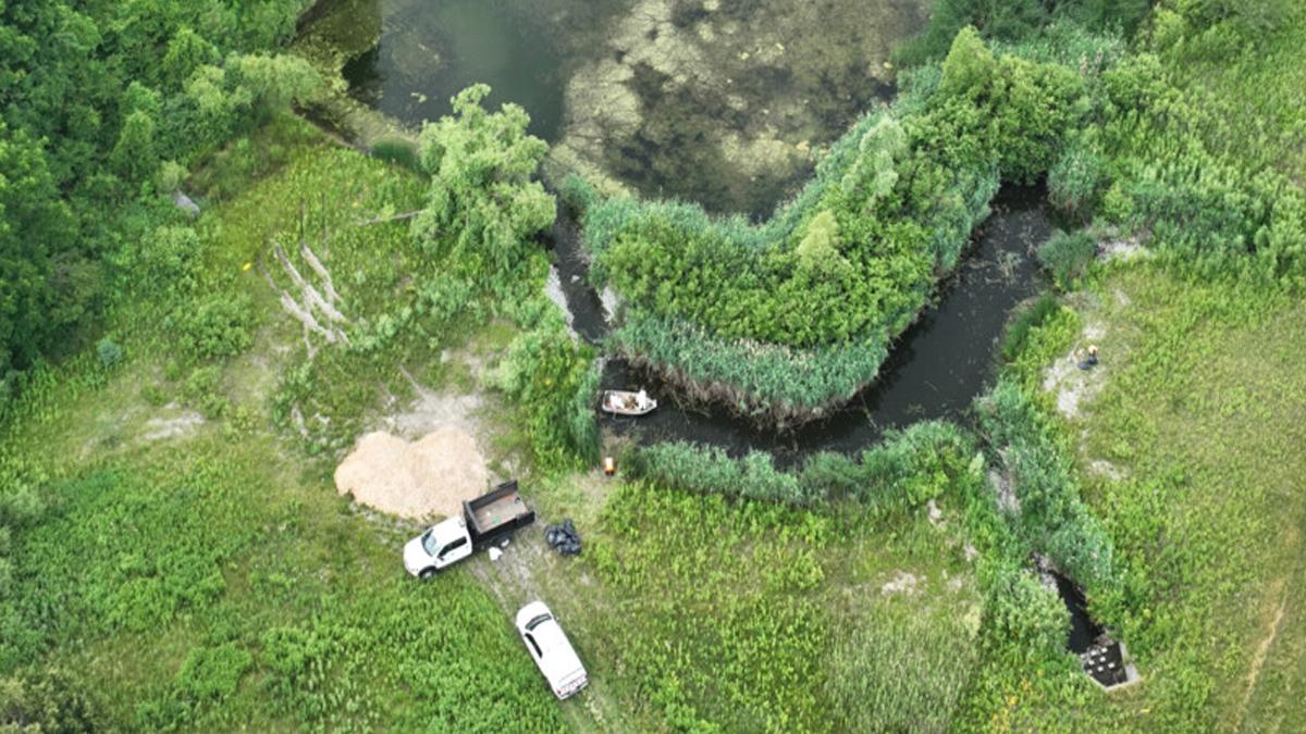 Aerial view of a meandering river surrounded by lush greenery with several vehicles parked nearby on a patch of dirt.