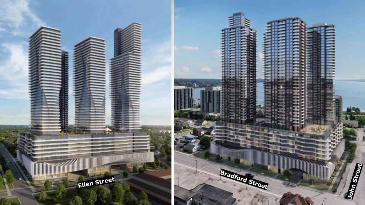 Drawing showing five towers ranging in height from 45 to 55 storeys on a 10-storey podium