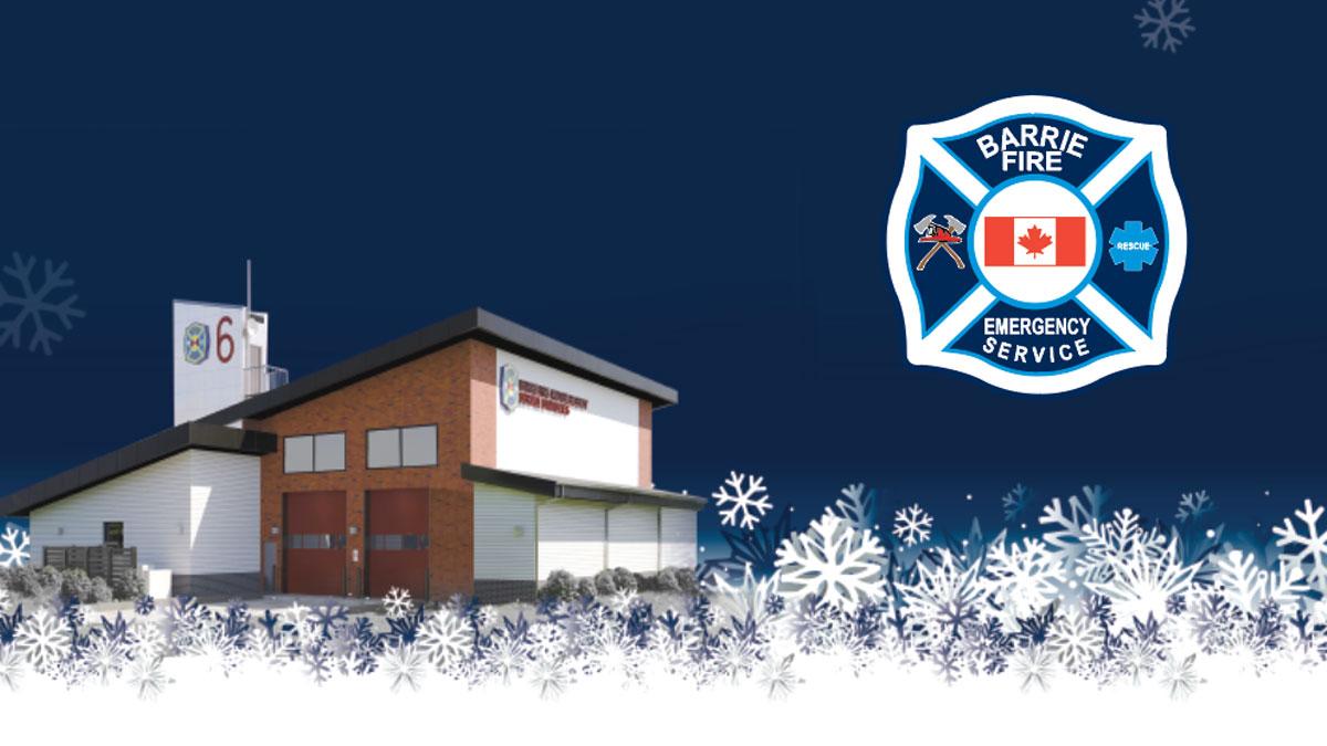 Rendering of Barrie Fire Station 6 and BFES logo, surrounded by snowflakes
