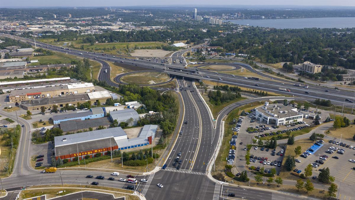 Aerial view of Essa Road widened to six lanes and the new overpass