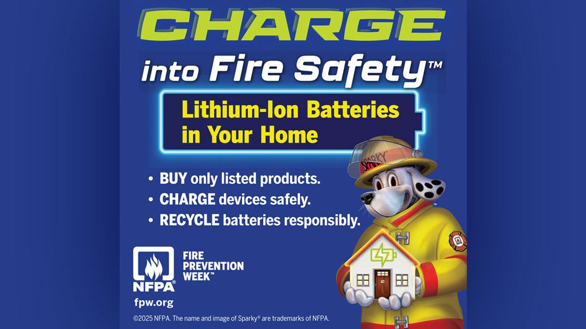 Promotional banner for Fire Prevention Week featuring Sparky the Dog, highlighting safe practices for lithium-ion batteries in your home. The tips include buying only listed products and safely recycling batteries. Logo of NFPA and website fpw.org visible.
