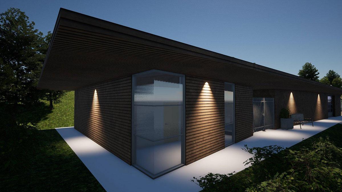 Rendering of single-storey, wood framed building