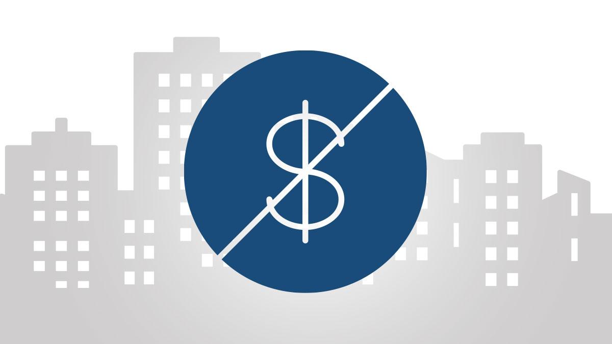 A graphic showing a city skyline silhouette with a blue circle overlay, divided by a diagonal line, and containing a white dollar sign in the center.