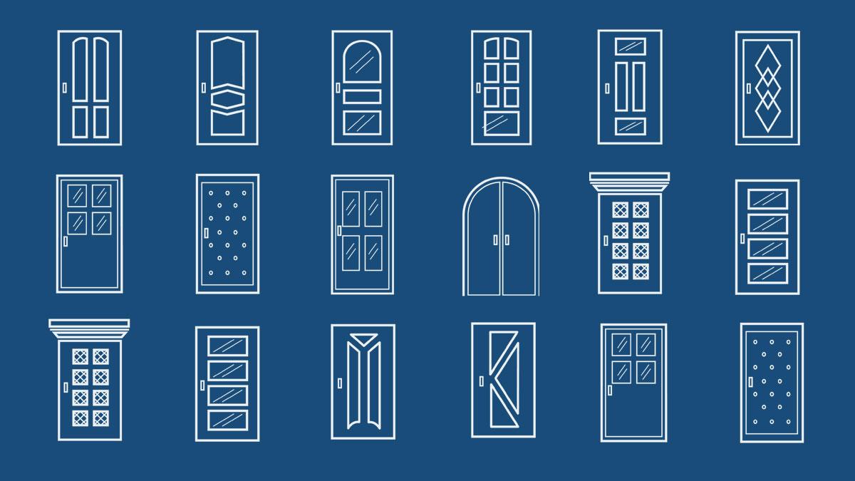 A collection of white line icons depicting various door designs on a blue background. Styles include single, double, arched, and doors with windows or panels.