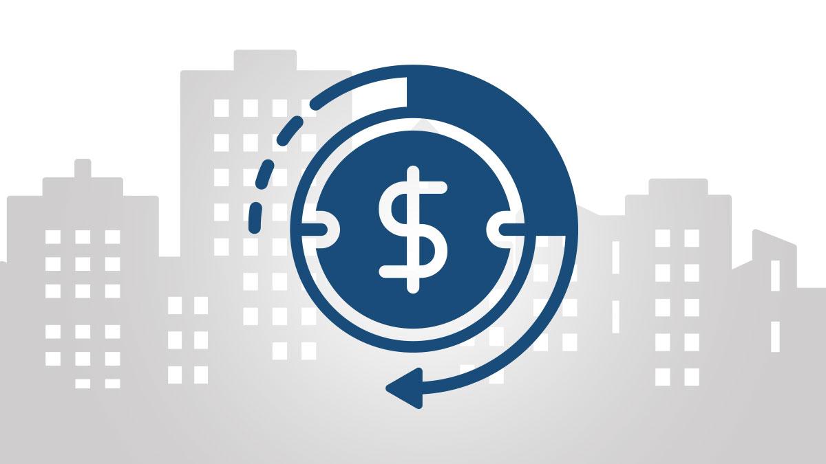A stylized graphic of a dollar sign encapsulated in a circular arrow, set against a backdrop of city buildings in shades of gray.