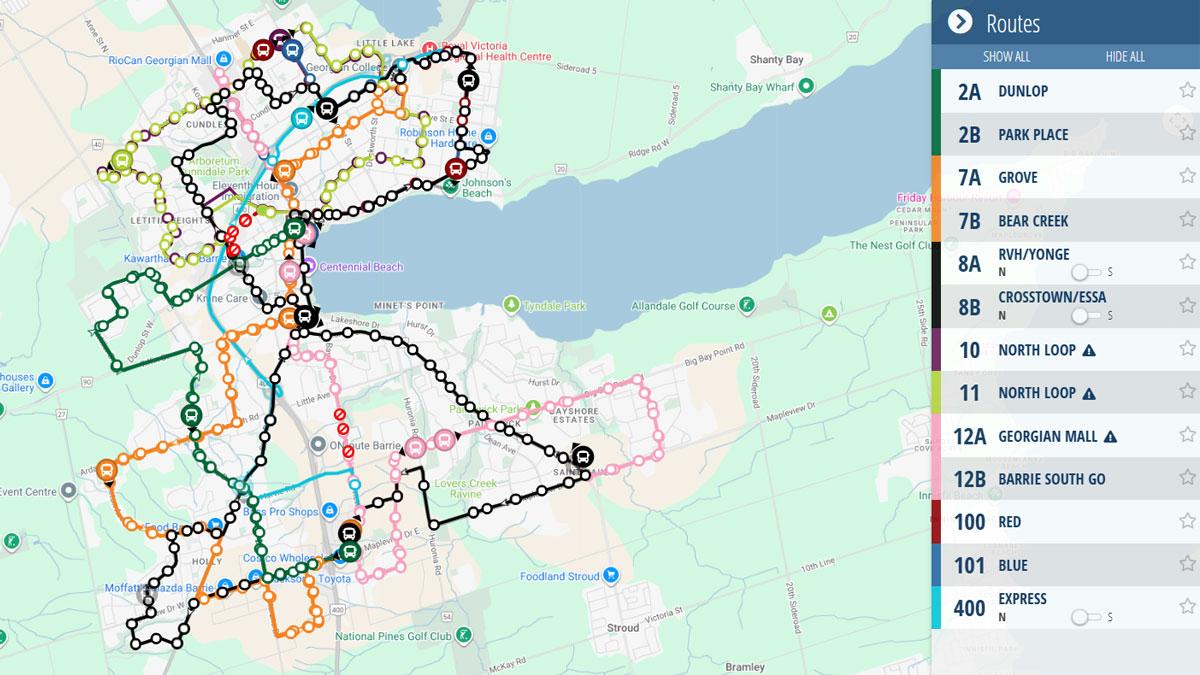 Map of the various Barrie Transit fixed routes 