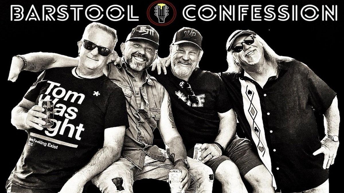 Four people smiling; text: Barstool Confession