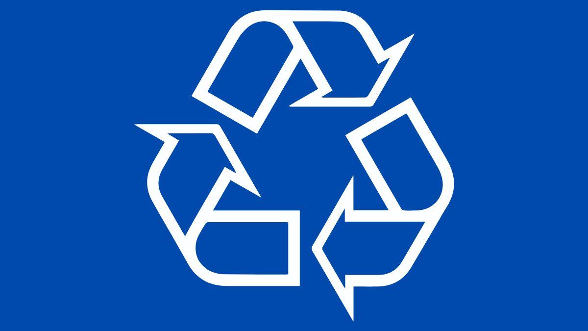 Recycling symbol in white on a blue background.