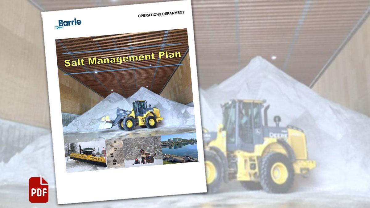 Cover of Salt Management Plan document with PDF icon, with tractor and salt pile in background