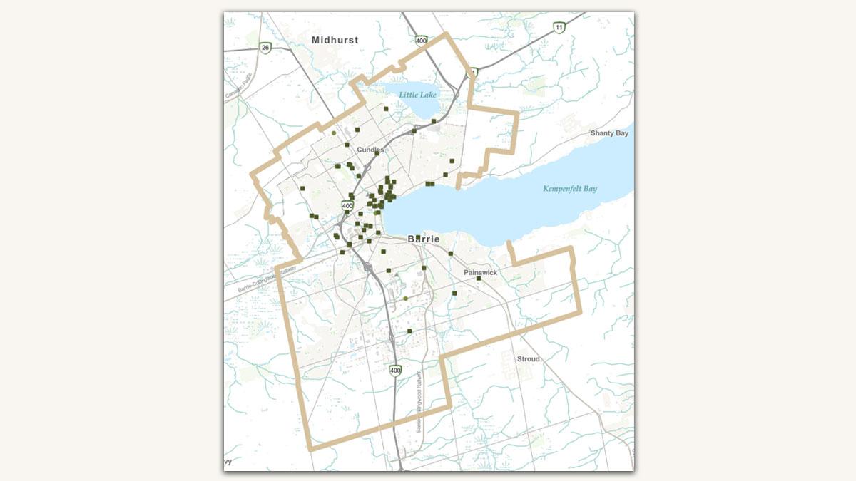 Map showing the distribution of encampments in Barrie near Kempenfelt Bay.