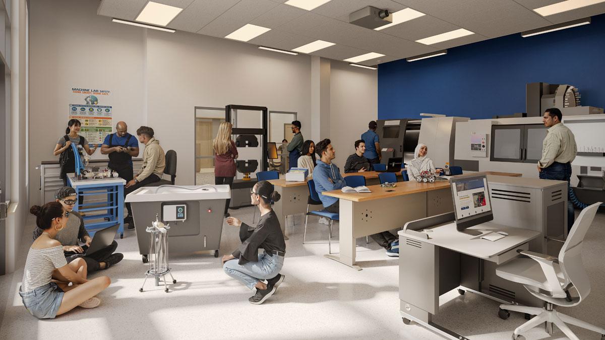 Rendering of students working in the machine lab