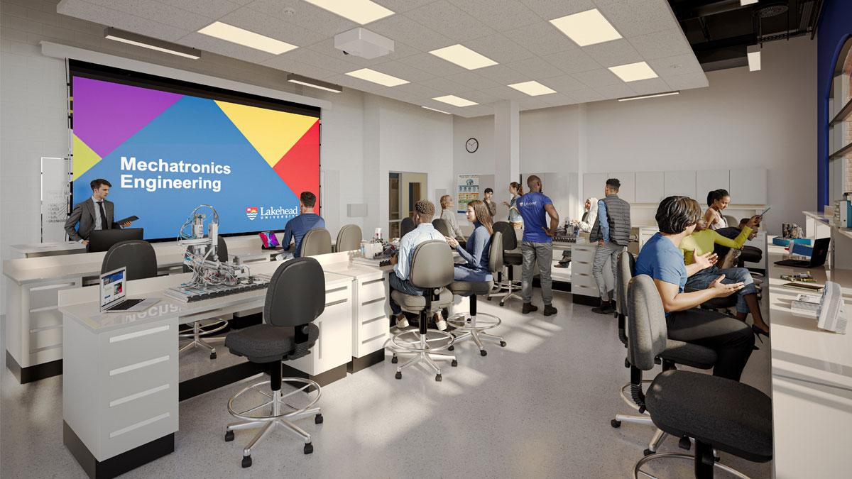 Rendering of students working in the Mechatronics Lab.