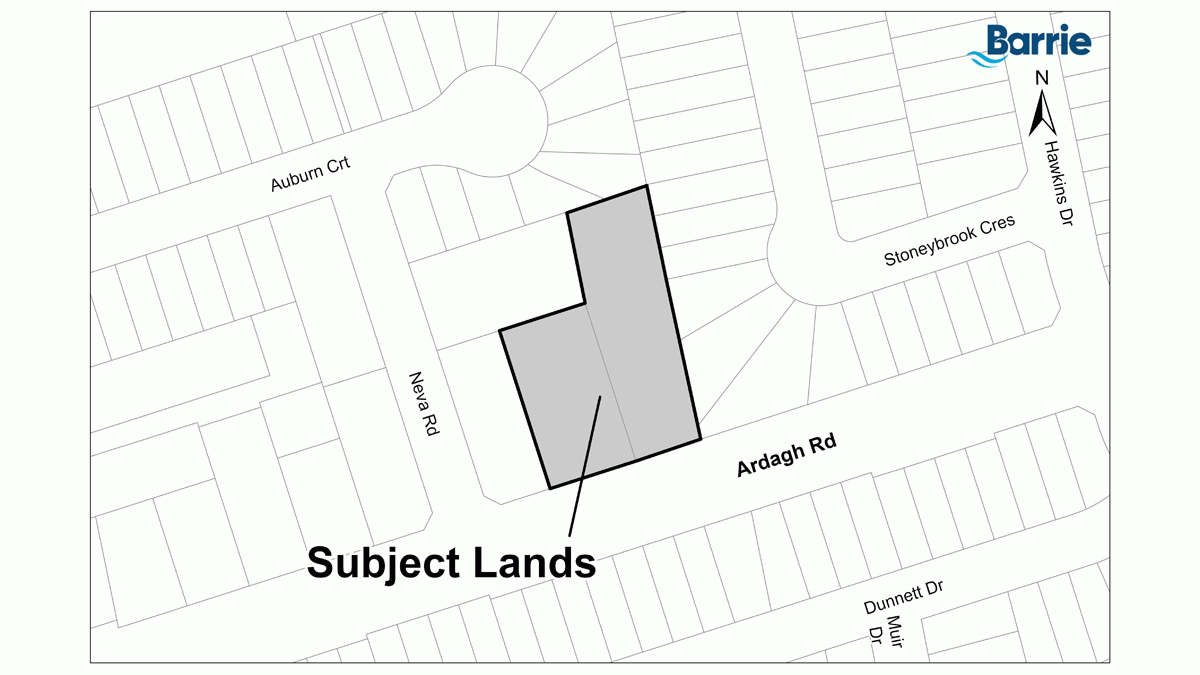 Map showing a highlighted land area with surrounding streets in Barrie.