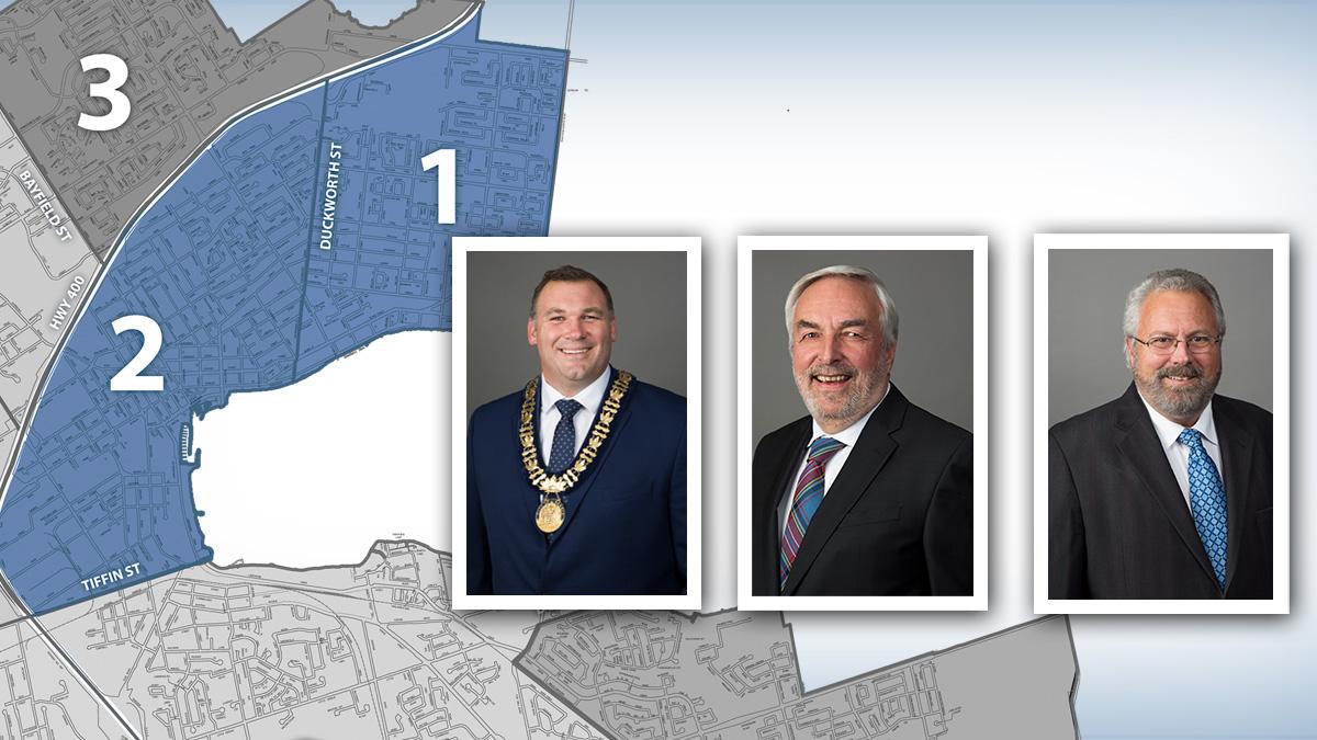 Map highlighting three districts in blue with headshots of three individuals beside it.