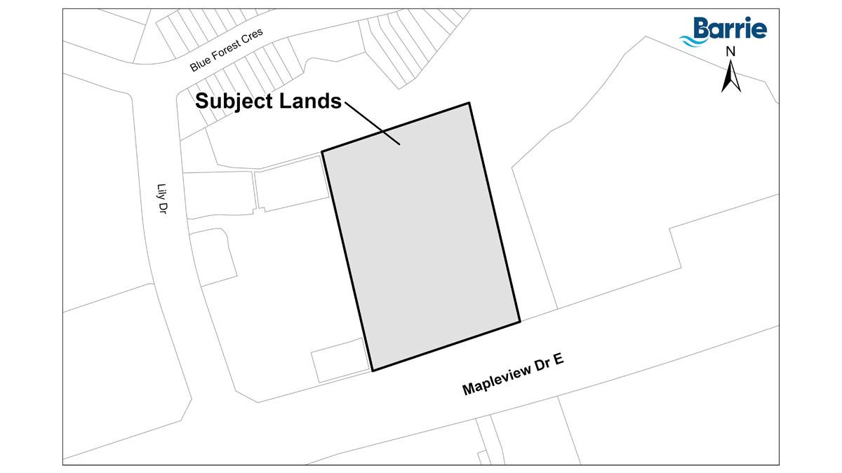 Map showing a plot labeled "Subject Lands" in Barrie, with surrounding streets.