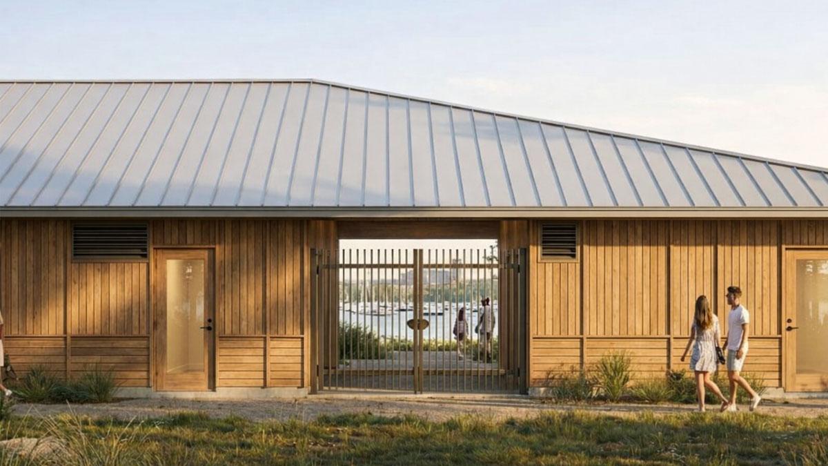 Modern wooden building with a metal roof, people walking nearby, and a serene outdoor setting.