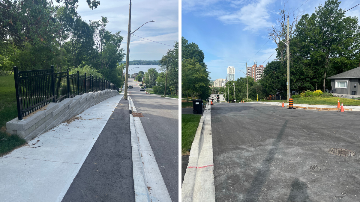 Two images, one of a newly reconstructed road and sidewalk, and the other with a newly done road.