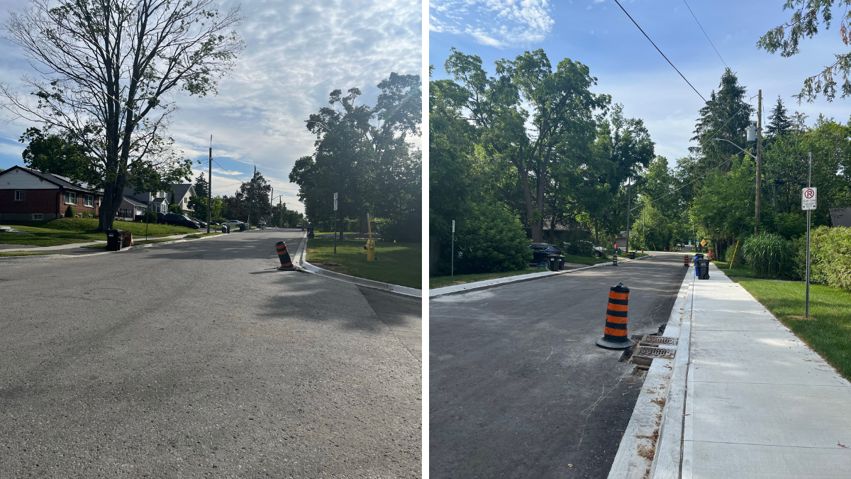 Two images, one with a newly reconstructed road and the other with a newly done road and sidewalk.