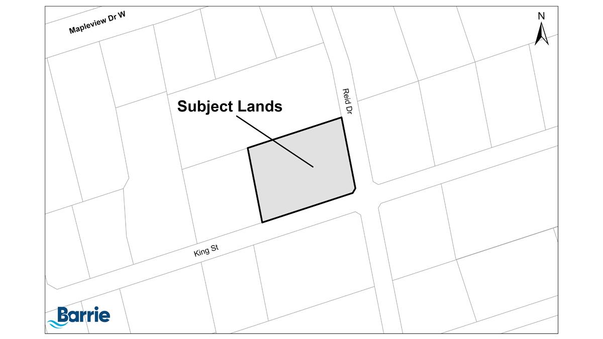 Map showing a highlighted area labeled "Subject Lands" at the intersection of Kint St and Reid Dr in Barrie.