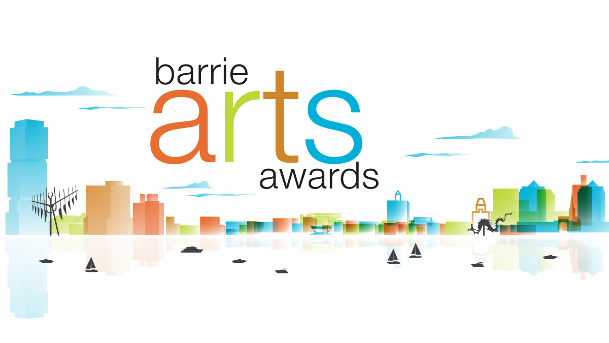 Colourful logo for the Barrie Arts Awards, featuring the Barrie waterfront and skyline, including the Spirit Catched, City Hall, the Sea Serpent sculpture and many buildings.