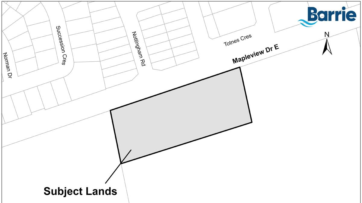 Map showing a rectangular area labeled "Subject Lands" along Mapleview Drive East in Barrie.
