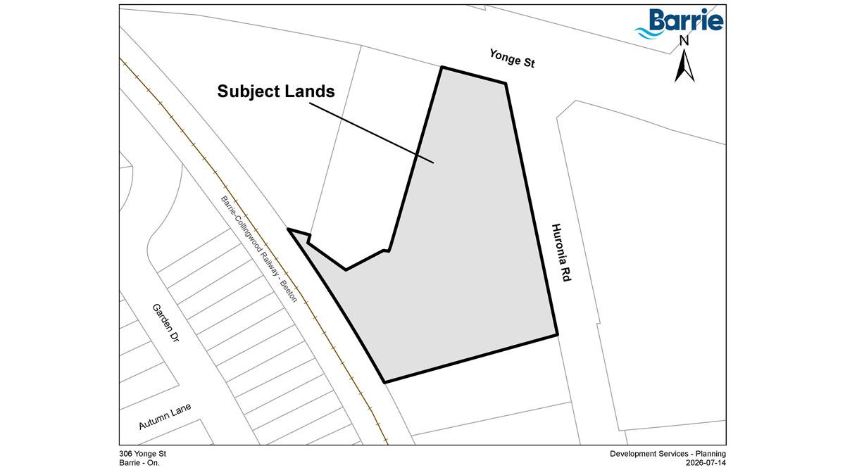 Map showing outlined subject land area with labeled streets and surrounding features.