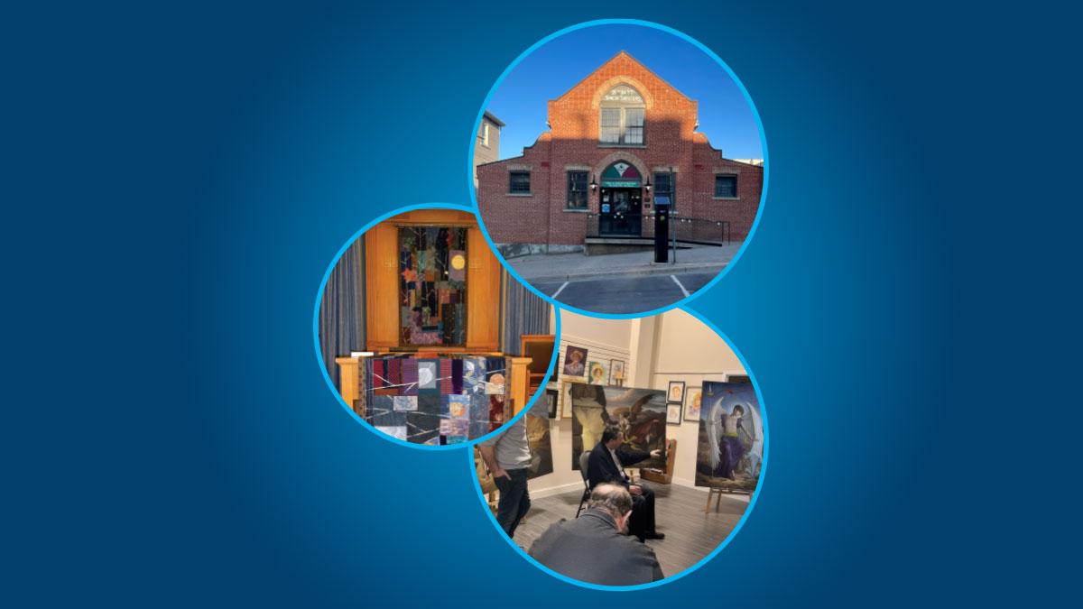 Three circular images depict a brick building, an art display, and people interacting in an art setting.
