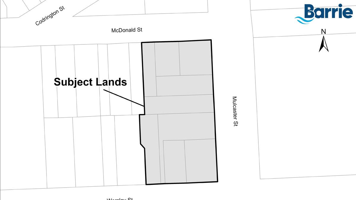Map showing outlined subject lands at the intersection of McDonald St & Mulcaster St.
