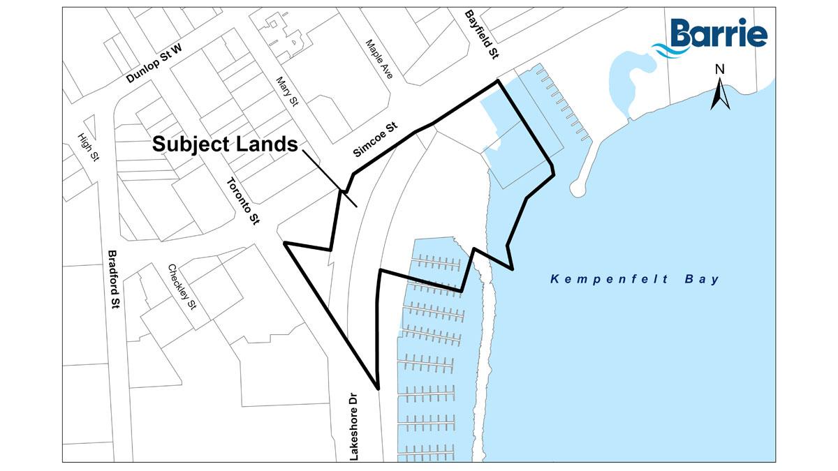 Map with outlined area labeled "subject lands" along the waterfront, on Simcoe Street, between Toronto Street and Bayfield Street.