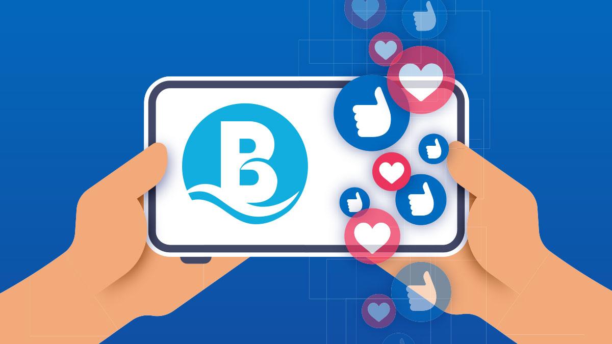 Illustration of hands holding phone with thumbs up, hearts symbols, and City of Barrie icon