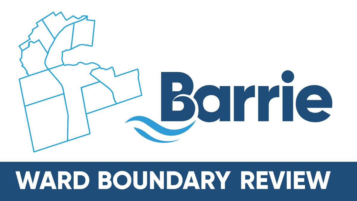 Shape of Barrie with separating lines, City of Barrie logo, Text: WARD BOUNDARY REVIEW