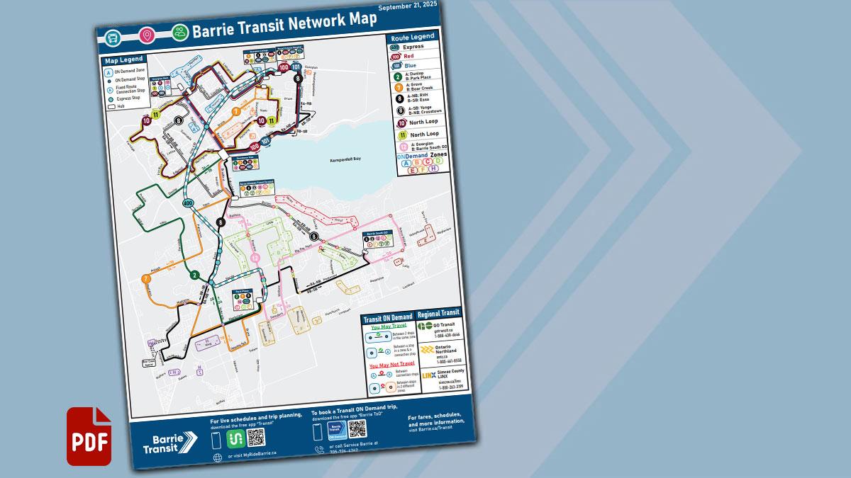 Preview of the Barrie Transit Network Map with a PDF icon