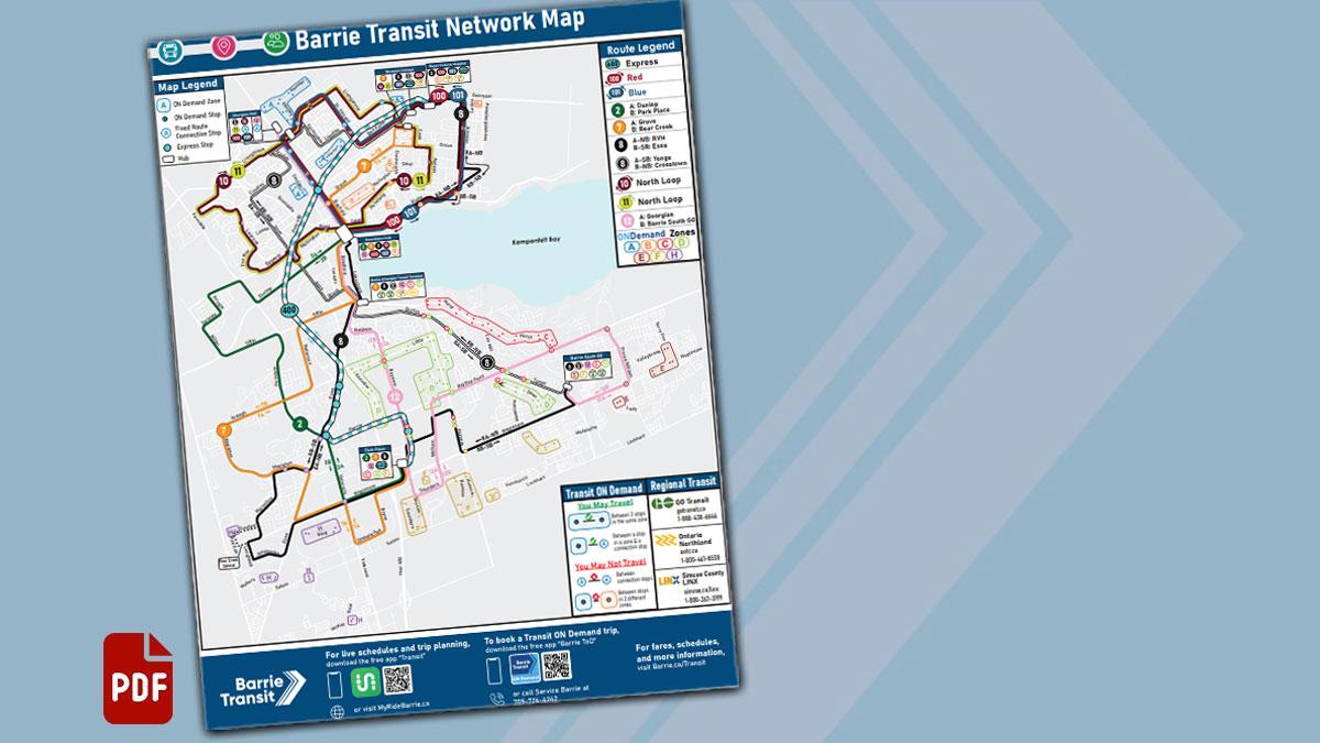 Preview of the Barrie Transit Network Map with a PDF icon