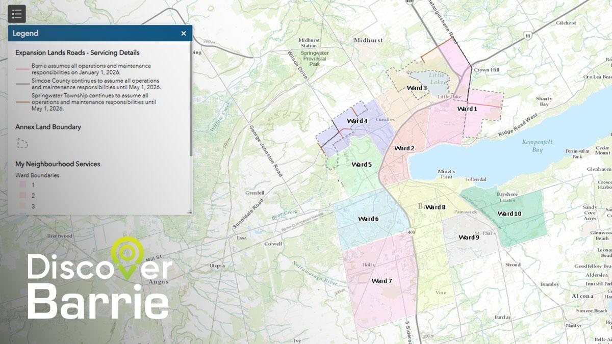Map outlining the ward boundaries in Barrie with Discover Barrie branding
