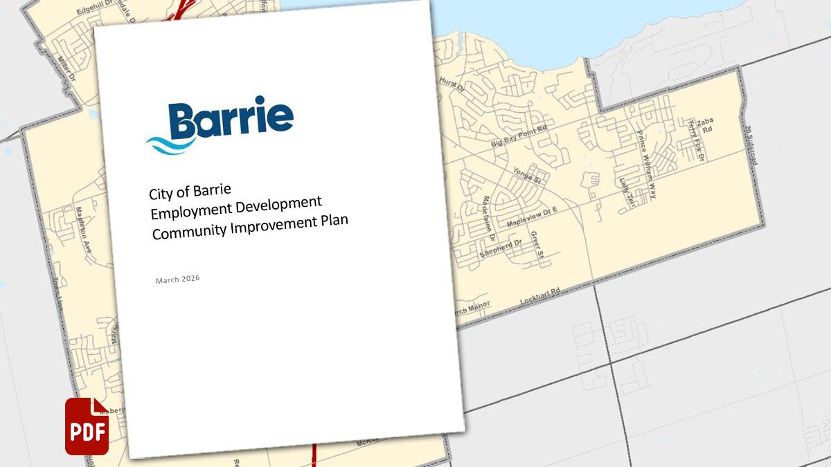 Document overlaying map of Barrie with a PDF symbol in the corner.
