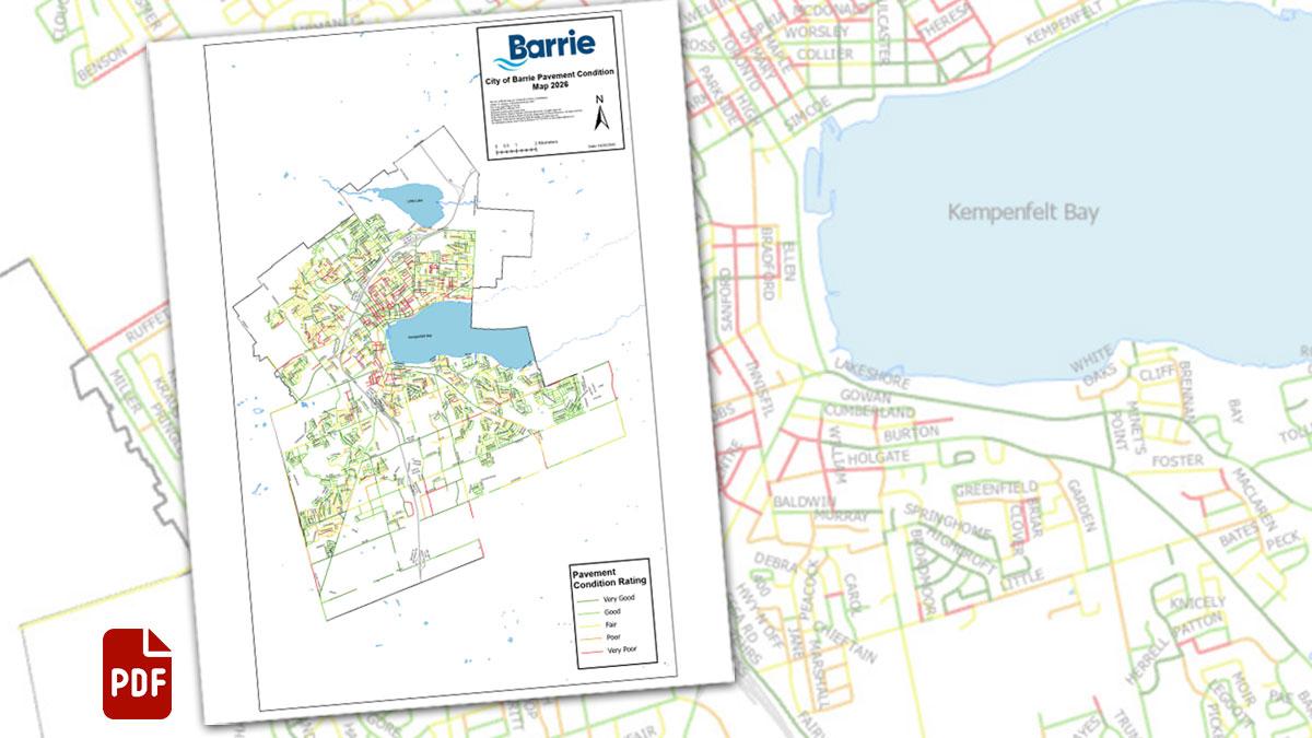 Preview of colour-coded map of Barrie roads, with a PDF icon.
