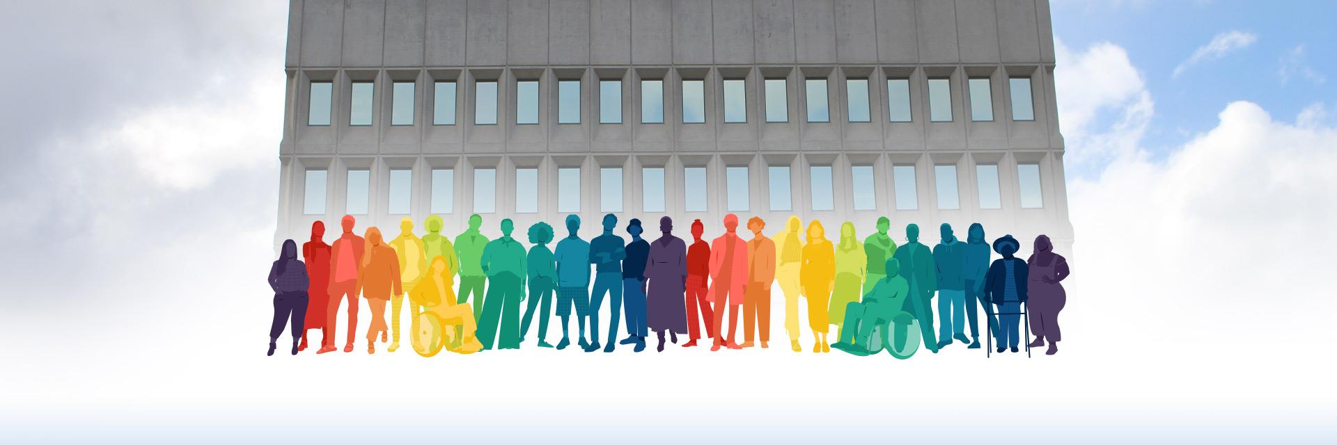 Illustrated group representing a diverse population standing in front of City Hall