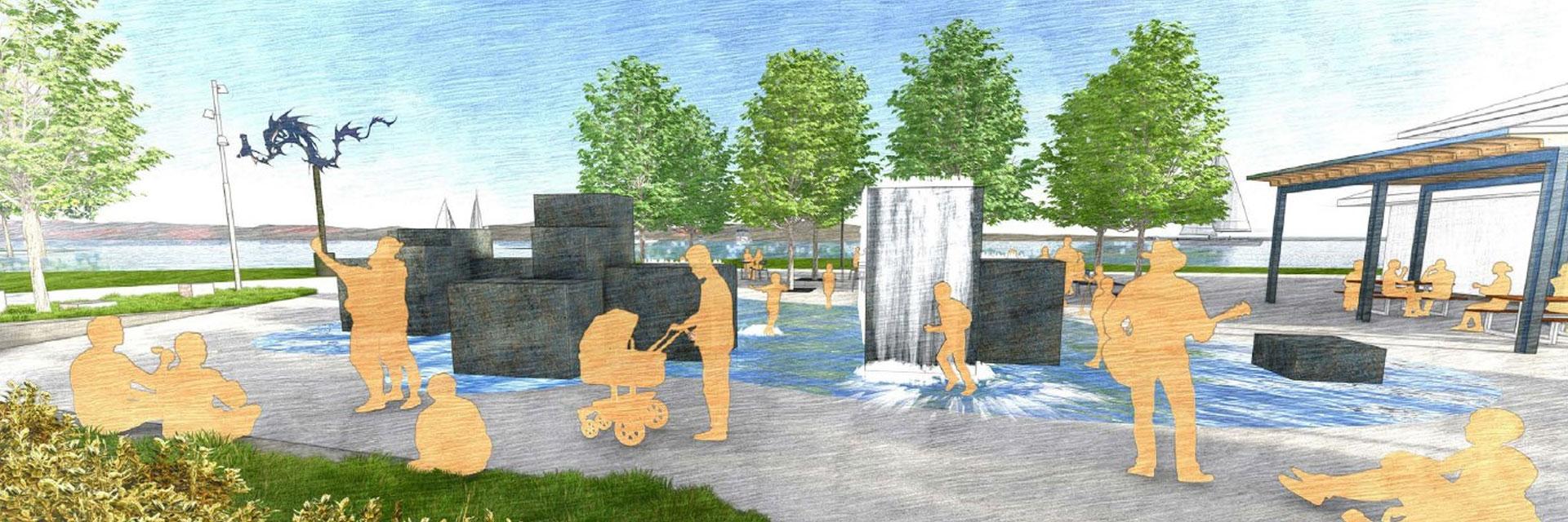 A splash pad with abstract yellow figures playing, surrounded by trees and a pavilion.
