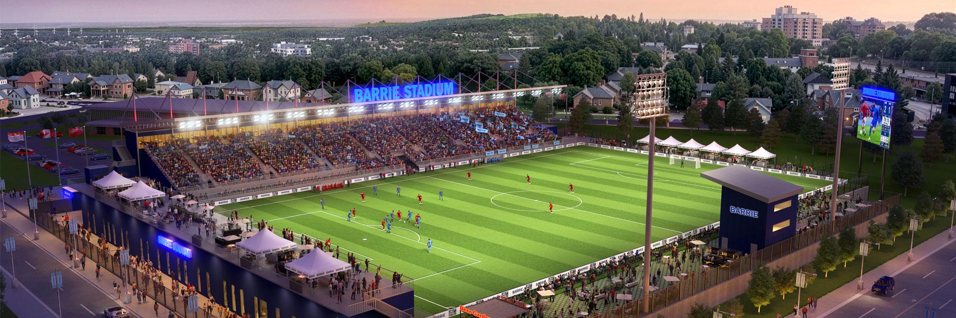 Rendering showing an aerial view of a vibrant soccer stadium filled with fans, green field and surrounding city.