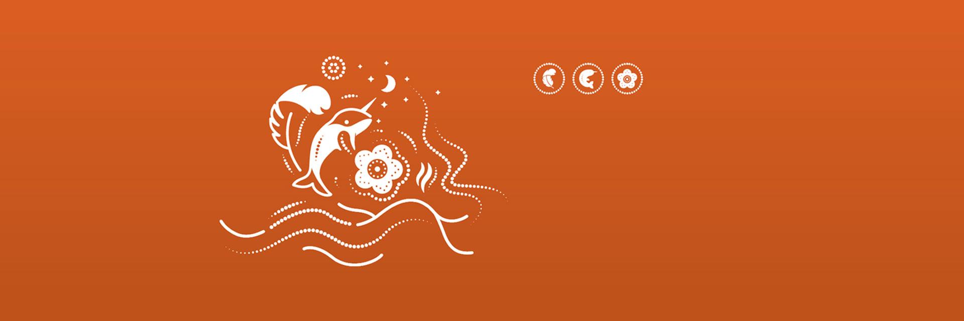 Orange banner featuring a feather, a narwhal and a flower.