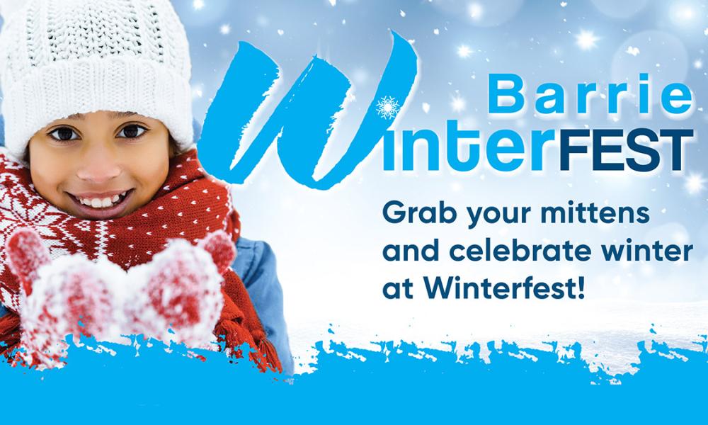 person smiling with mittens | text: Barrie Winterfest, Grab your mittens and celebrate winter at Winterfest
