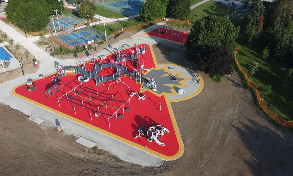 Aerial view of playground and pickleball courts at Painswick Park