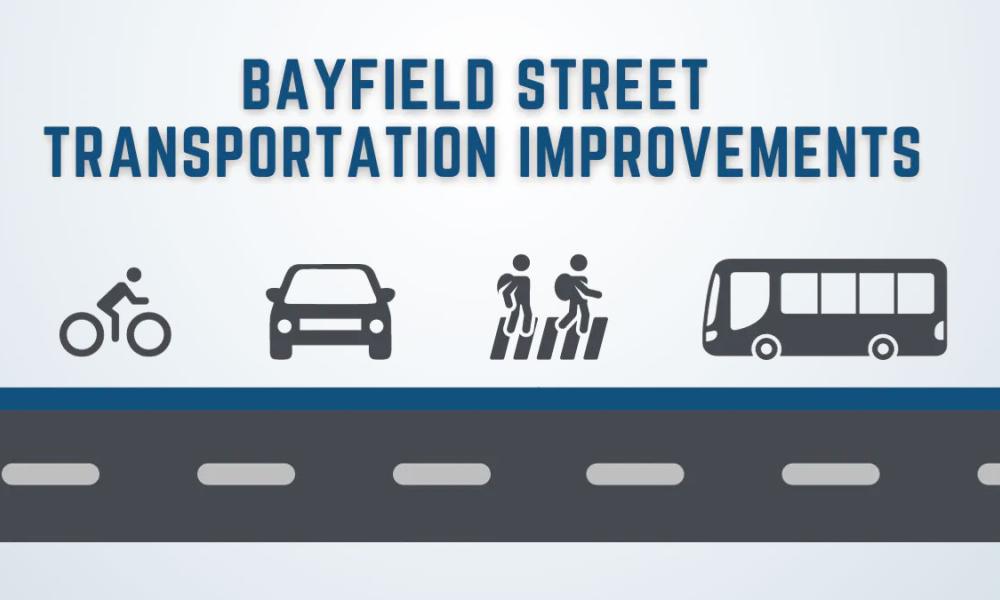 Text: Bayfield Street Transportation Improvements | roadway with bicycle icon, car icon, pedestrian icon, bus icon