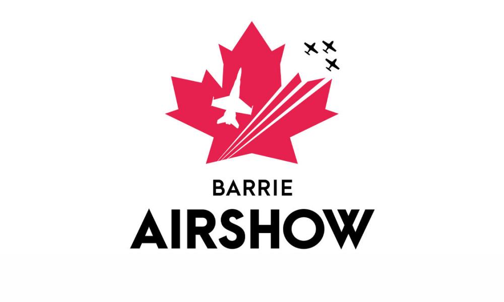 silhouette of snowbird jet over red maple leaf | text: Barrie Airshow