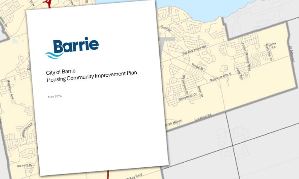 Housing CIP document over map of Barrie