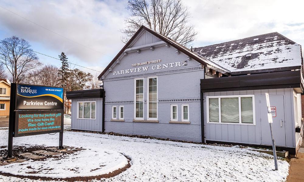 Parkview Centre sign and building, snow on ground