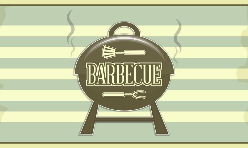 Illustration of barbecue with utensils | Text: BARBECUE