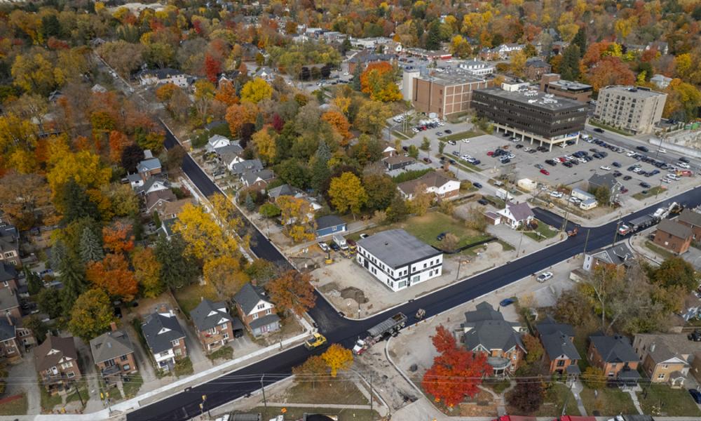 Aerial view of Sophia Street West and Mary Street freshly paved
