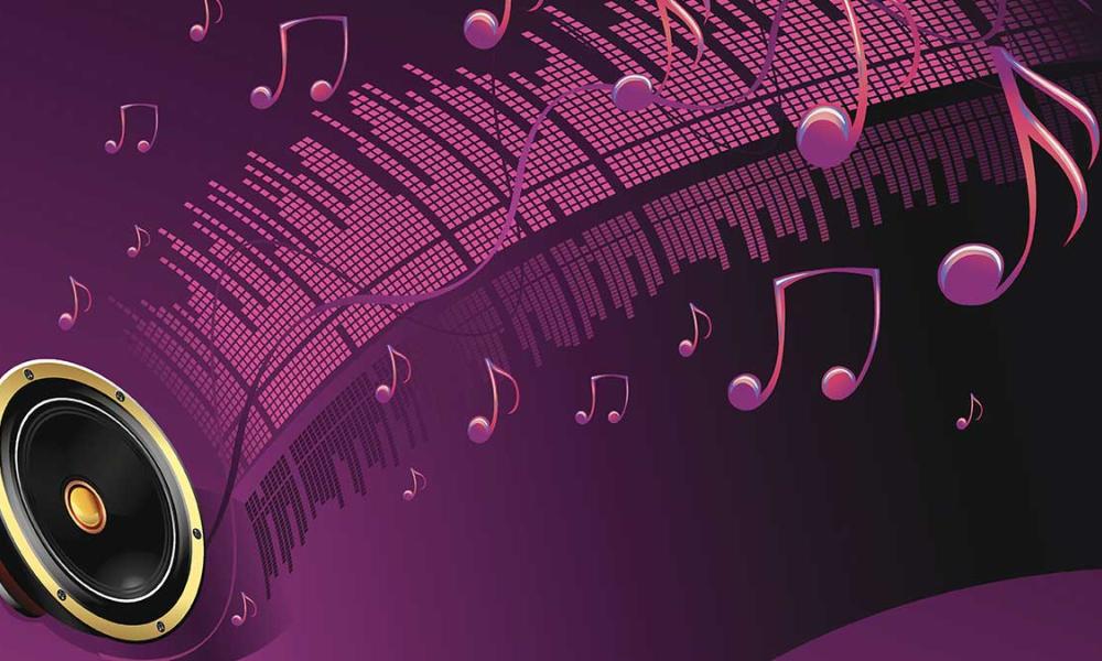 Illustration of speaker and music notes on pick/purple background
